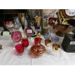 14 pieces of coloured glass, some with enamel decoration.