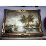 A large gilt framed oil on canvas trees by water.