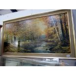 A large framed print of woodland scene & river, by Robert Wood,