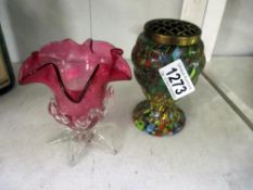 Victorian cranberry glass vase and an end of the day glass vase