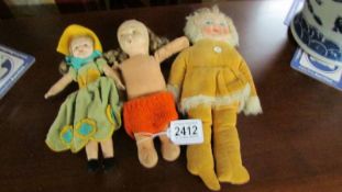 A small Norah Welling doll (label to foot) and 2 other cloth dolls