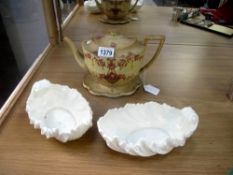 A Crown Devon teapot on stand A/F & 2 Coalport shell bowls