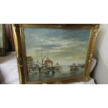 A gilt framed oil on canvas harbour scene by T Clement.