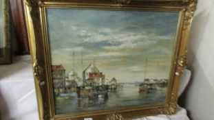 A gilt framed oil on canvas harbour scene by T Clement.