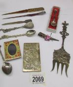 A mixed lot including letter openers, spoons, Chinese plaque etc.