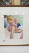 Michael Jenkins, acrylic painting of a posing seated female nude signed with initials M.J.