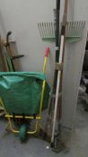 A good lot of garden tools including collapsible wheelbarrow, axe etc.