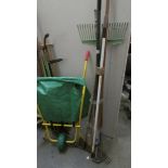 A good lot of garden tools including collapsible wheelbarrow, axe etc.