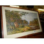 A watercolour of fishermen in a wooded scene.