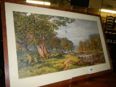 A watercolour of fishermen in a wooded scene.