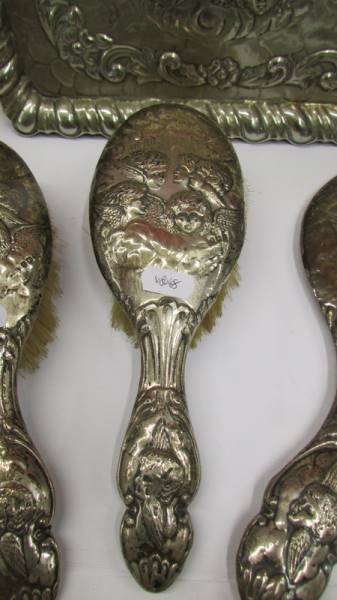 A five piece dressing table set comprising 4 silver backed featuring angels and a matching EPNS - Image 3 of 6