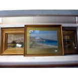 3 gilt framed water colours, country and coastal scenes etc.