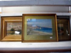 3 gilt framed water colours, country and coastal scenes etc.