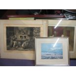 Framed prints, 2 x antique etched prints, Elizabeth grey landscape,