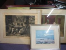 Framed prints, 2 x antique etched prints, Elizabeth grey landscape,