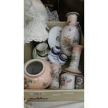 A box of miscellaneous ceramics including vases, candlesticks, cruet etc.