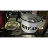 A mixed lot of enamel ware (bread bin missing lid).