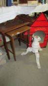 A nest of 2 tables, a Snoopy mirror and a tripod base for piano stool.