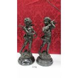 A pair of Bronze cherub musicians on marble bases, signed but indistinct.