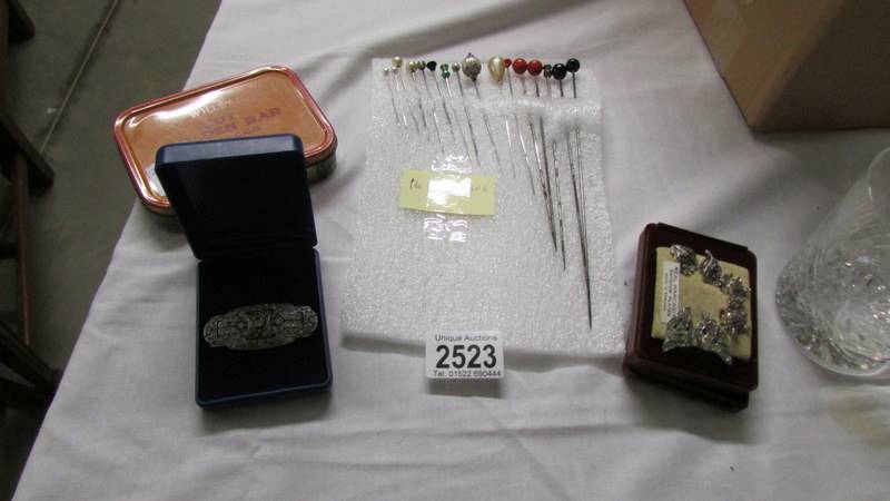 16 hat pins, a marcasite brooch, 3 pairs of marcasite earrings and Will's tobacco tin. - Image 5 of 5