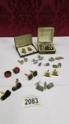 Approximately 10 pairs of cuff links including silver 'Rex', Enamelled farthings,