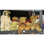 6 Teddy bears and a porcelain collector's doll.