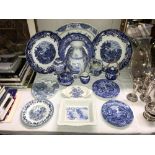 A quantity of blue and white china including a Shredded Wheat dish