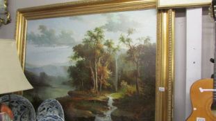 A large gilt framed oil on canvas rural scene, 148 x 120 cm.