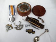 An Oriental teak boxed compass, WW1 medal 34007 PTE. F. MURGATROYD M.G.C.