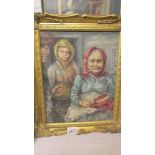 A gilt framed oil on board of country folk.