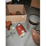 A box of misc. items including a biscuit barrel, wooden items, brass items, carved stone etc.