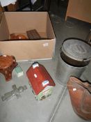 A box of misc. items including a biscuit barrel, wooden items, brass items, carved stone etc.