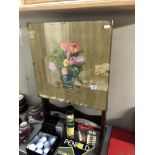 1930's oak metamorphic tea table/firescreen with painted still life of flowers under glass Height