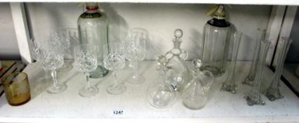 2 vintage soda syphons, set of 6 glasses,