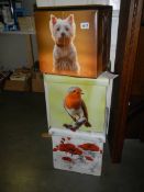 3 pictured storage boxes:- Scotty dog (lid missing), Robin and poppies.