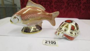 A Royal Crown Derby fish and a Royal Crown Derby style tortoise (no stoppers).