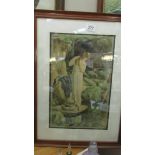 A framed and glazed print of a lady by a cave,