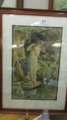 A framed and glazed print of a lady by a cave,