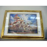 A gilt framed chariot racing print titled Parth-Sarathi (Krishna)