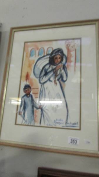 A framed and glazed signed drawing of woman and child.