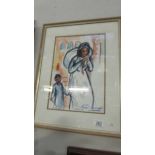 A framed and glazed signed drawing of woman and child.