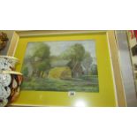 A framed and glazed watercolour farm scene.
