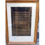 A framed print of Lemuel Coxs Inn pub rules sign