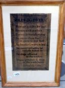 A framed print of Lemuel Coxs Inn pub rules sign