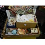 A box of haberdashery and miscellaneous items including cigarette silks, vintage buttons,
