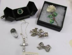 A lovely vintage rose brooch with enamelled leaves set in silver together with an antique perfume