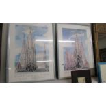 A pair of framed and glazed Sagrada Familia prints.