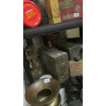 A 1955 Valor WD fuel can, a1949 ammo box, a brass oil lamp, brass clock etc.