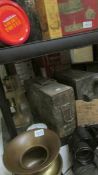 A 1955 Valor WD fuel can, a1949 ammo box, a brass oil lamp, brass clock etc.