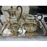 A 4 piece silver plated teaset on tray